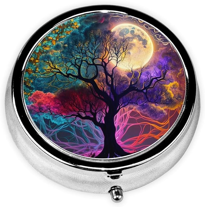 Magic Fantasy Tree Moon Art Print Round Metal Pill Box with 3 Compartment for Pocket or Purse Travel Bag Mini Small Size 2 inche