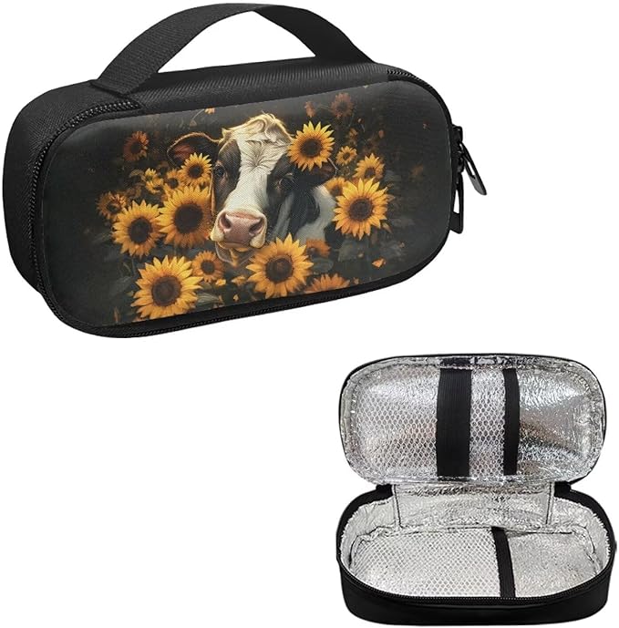 Cow Sunflowers Insulin Cooler Travel Case with Handle Waterproof Portable Medication Insulated Diabetic Carrying Cooling Bag for Insulin Pen, Needles, Travel and Daly Life Use