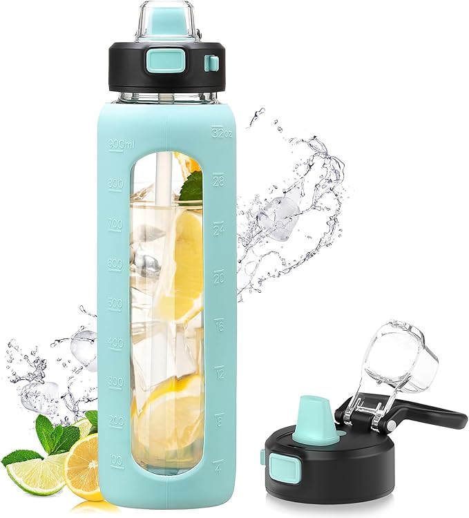 Kodrine 32 oz Glass Water Bottle with Straw and Carry Loop, One-Touch Leakproof Locking Lid, Reusable Drinking Bottle with Time Marker for Travel Home Gym Sports (light Blue)