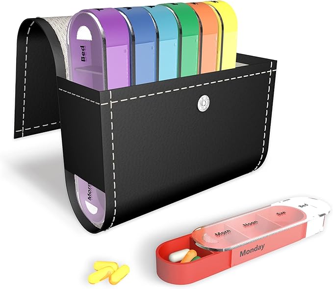 Pill Organizer,LIZIMANDU Weekly Travel Pill Case Box Medication Reminder Daily AM PM, Day Night 7 Compartments,for 4 Times A Day, 7 Days a Week-Includes Leather PU Carrying Case (Pure Black)