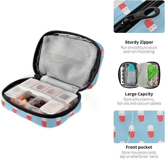 Naanle Cute Pink Pill Box 7 Day Case Bag Travel Organizer with Zipper Portable Weekly Compact Size for Vitamin Supplement Holder A Cartoon Blue 4.6 x 3.14 x 1.88 Inch 0.12 kilograms