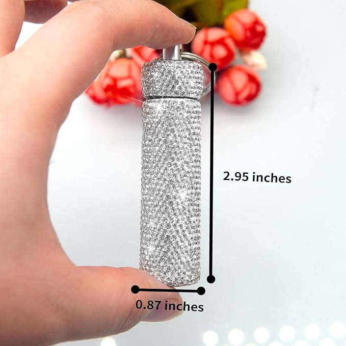 Yuchew Bling Pill Case Pill Container Rhinestone Pill Box Portable Waterproof Pocket Pill Holder Bottle Storage with Keychain for Travel, Outdoor, Camping (Silver)