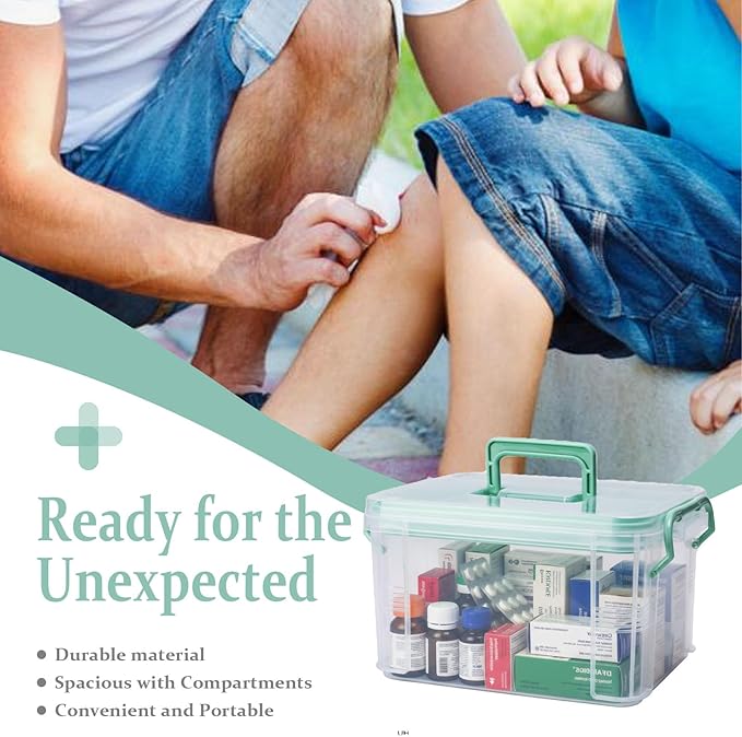 Clear Medicine Organizer Storage Box with Tray and Handle,Plastic First Aid Box with Weekly (7-Day) Daily Pill Case,College Medicine Kit for Dorm,Medication Storage Containers