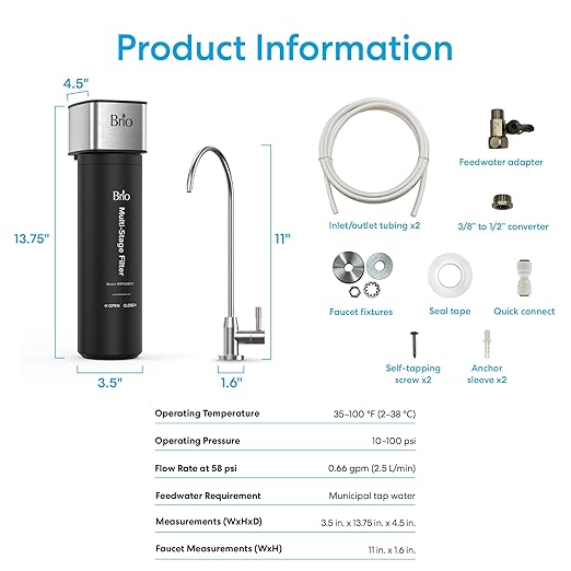 Brio 11" Undersink Water Filtration System for Sink Faucet Drinking Water | 3 Stage Single Housing Filter (0.5 Micron) with Faucet | 10,000 Gallons or 2 Years | Filters Dirt, Chlorine, Lead, Mercury+