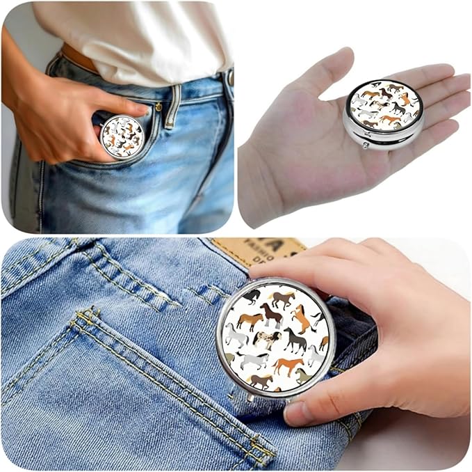 3 Compartment Travel Pill Case, Sealed Portable Pill Container Mini Size Metal Pill Box for Pocket Purse, Three Times a Day Pill Organizer for Children, Men and Women - Art The Horse