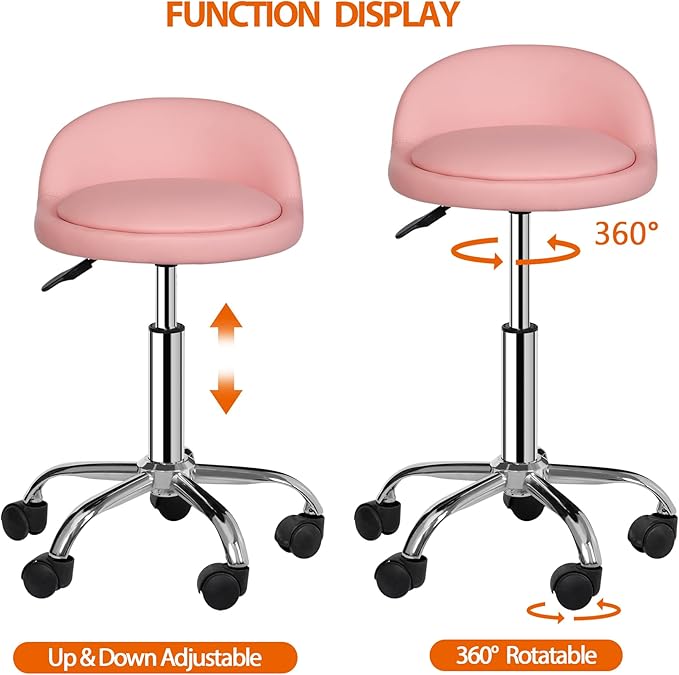 HomGarden Adjustable Hydraulic Rolling Swivel Stool for Massage Salon Office Facial Spa Medical Tattoo Chair Stool w/Backrest Cushion & Wheels (Pink)