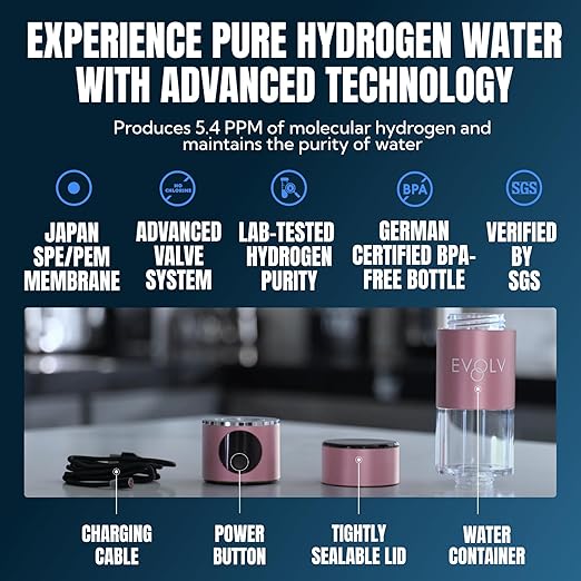EVOLV Hydrogen Water Bottle Generator – SPE & PEM Water Ionizer 5.4PPM, Highest H2 Concentration – Portable 8oz Hydrogenated Water Bottle – Leak-Proof Hydrogen Water Machine, Easy to Use – Rose