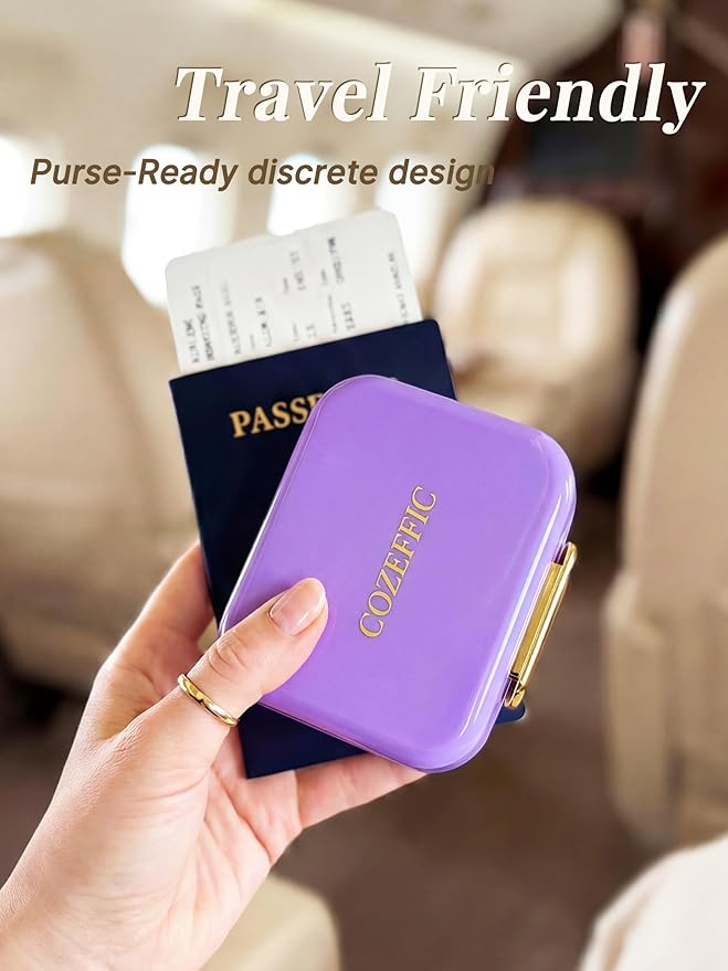 Small Pill Case Travel Pill Box with 7 Compartments for Purse - Compact Pill Organizer for Medicine Vitamin - Portable Container for Fish Oil & Supplements - Lavender