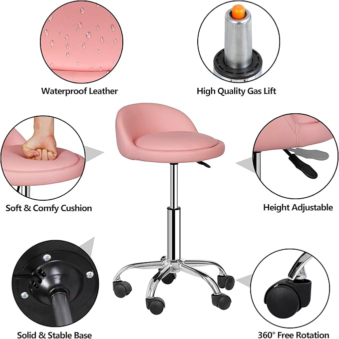 Hydraulic Rolling Stool with Back Support,300LB Capacity Pink Adjustable Height Swivel Chair with PU Leather Seat and Lumbar Support,for Salon Spa Tattoo Massage Clinic Office