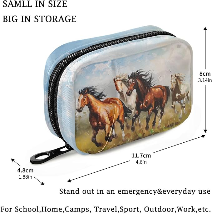 Fustylead Horses Galloping on The Grassland Oil Painting Pill Organizer Case with Zipper 2 Times A Day for Vitamin and Supplement, 7 Day Travel Organizer Medicine Case