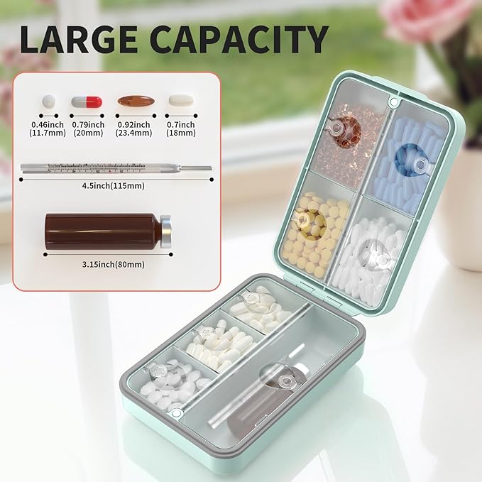 Restree Weekly Pill Organizer 8 Compartment, [Triple Seal Magnetic Lock] Travel Pill Case with Labels & Inner Lid, Moisture Proof for Vitamins, Fish Oil, Supplements, Daily Meds – 7+1 Large (Green)