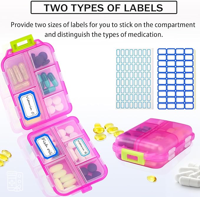 Travel Pill Organizer Portable Pocket Pill Case Small Pill Box for Purse Medicine Organizer Have 10 Compartments Storage Vitamin Fish Oil by INVODA (1PCS Pink+Lables)
