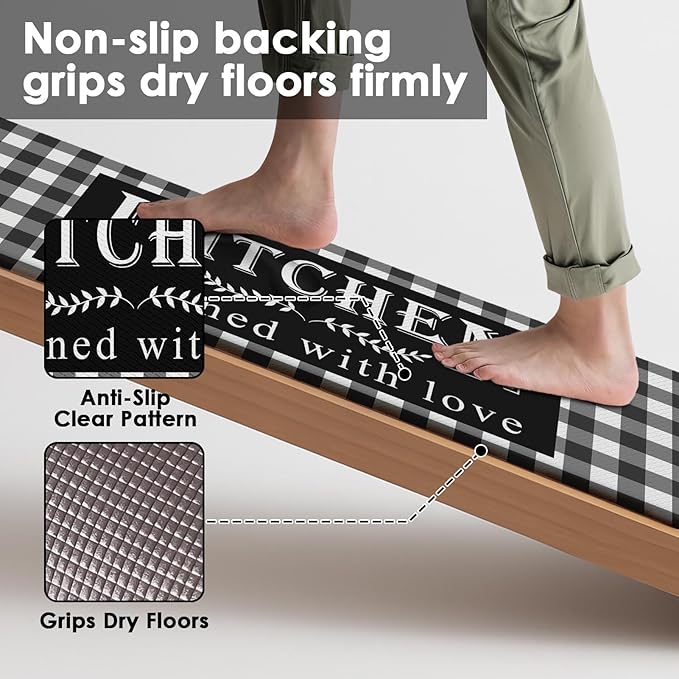 Arttown Black White Anti-Fatigue Kitchen Rug Set of 2 Buffalo Plaid Cushioned Floor Standing Mat Waterproof Non-Slip Mat and PVC Ergonomic Comfort Foam Rug