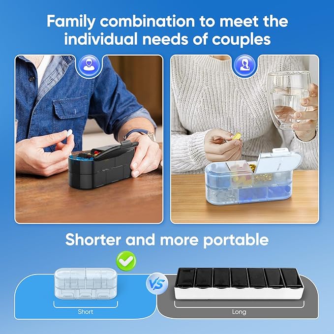 Weekly Pill Organizer, 2/3/4 Times a Day, Double-Sided Opening Design, Portable Pill Box for Storing Medication/Vitamins/Fish Oils/Supplements (Variable Grids White Black 2PC)