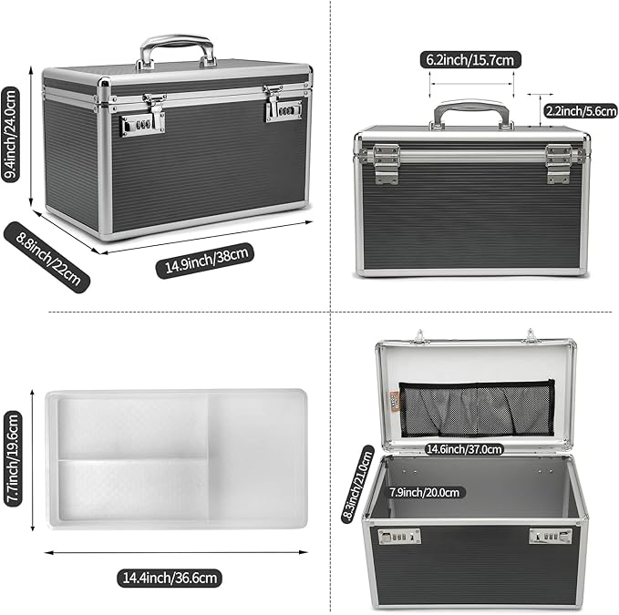 Large capacity Locking Box，Lockable Medication Box with Portable Storage Case, 15 x 8.7 x 9.3 Inch, Childproof Medicine Lock Organizer, Locked Empty First Aid Storage Case (Gray/X-Large)