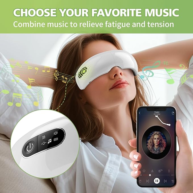 NOWWISH Eye Massager with Heat, Vibration and Bluetooth Music for Migraine Headache Eye Strain Relief, Heated Eye Mask with 4 Massage Modes, Relaxation -Mothers Day Gifts for Mom Wife -White