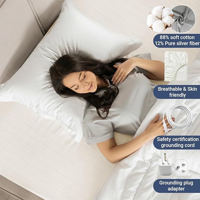 Grounding Sheets King Size, 12% Pure Silver, Grounded Bed Sheet with Deep Pockets, Improved Sleep, Earth Connecting Bedding, Beige