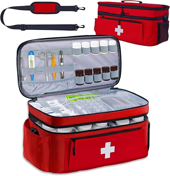 2-Layer First Aid Bag Empty 15¾”x 9½”x7” Medical Bag Red Pill Bottle Box Portable Emergency Bag for Outdoor Travel & Home Use, Medicine Kit Organizer Case with Shoulder Strap (Large)