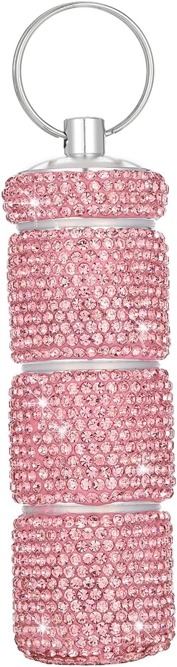 Keychain Pill Holder Box Travel Small Pill Case Bling Portable Purse Medicine Case Container Metal Pill Organizer Fob for Vitamin Medicine(Pink)