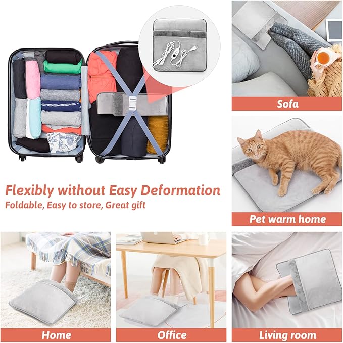 Double Sided Electric Foot Warmer with Machine Washable & 8 Hrs Timer, Feet Heating Pads Non-Slip,Electric Heated Warmers for Bed,Under Desk,Office,Home,Christmas Gifts,Grey,20''*20