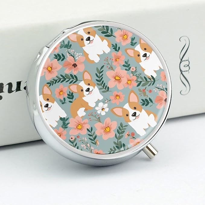 Corgi Floral Flowers Spring Garden Pill Box Travel Pill Case for Purse Pocket Weekly Medicine Organizer with Mirror 3 Compartment Round Medicine Case Portable PillcaseHolder for Daily