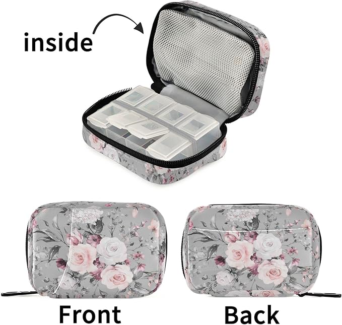 Fustylead Pink Rose Travel Pill Organizer Case Zipper for Purse with Removable Weekly Pill Box for Medicine, Vitamin, Supplement Medicine Organizer