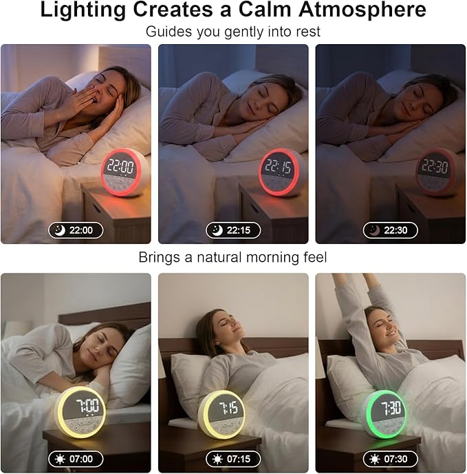 Sunrise Alarm Clock and Sound Machine Nightlight Adjustable Brightness, Rechargeable Wake Up Light Digital, Sleep Timer, Sleep Sounds, White Noise for Baby Kids Adults, Nature Soft Light for Bedroom