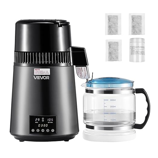 VEVOR 1750W Water Distiller, 0.4Gal/H Distilled Water Maker with Glass Carafe, 4L/1.1Gal Countertop Distiller Machine, 0-99H Time Temp Dual Display, Anti-Dry Design 304 Stainless Steel Still, Grey