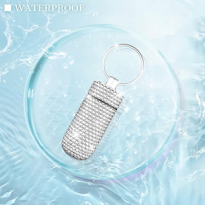Yuchew Bling Pill Case Pill Container Rhinestone Pill Box Portable Waterproof Pocket Pill Holder Storage Bottle with Keychain for Travel, Outdoor, Camping (Silver)