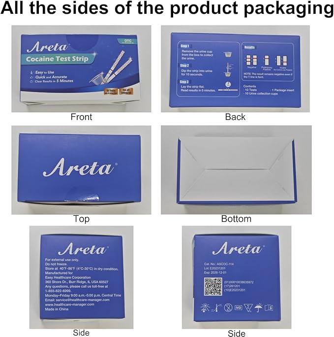 Areta Cocaine Test Strip: Highly Sensitive Cocaine Drug Test Strips, 10 Pack Cocaine Home Screen Testing Kit, 300 ng/mL Cutoff, Instant Results in 5 Min -#ASCOC-114