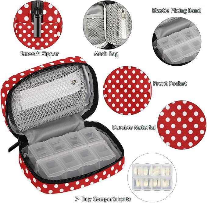 Pill Case Pill Travel Organizer 7 Day Weekly Medicine Pill Box Red and White Dots Small Cute Compact Size Vitamin Container Pill Bottle Portable Birth Control Pill Holder Bag with Zipper