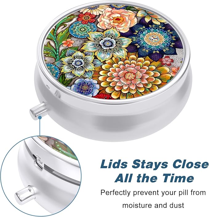 Pill Case, Cute Travel Pill Box for Purse, Moisture Proof Small Medicine Holder, Portable Pocket Medicine Organizer Dispenser to Hold Vitamins, Cod Liver Oil, Supplements, Mandala Flower