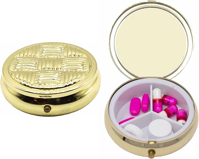 Set of 2 Circular Embossed Triple-Compartment Pocket Purse Pill Box & Organizer (Gold Weave)