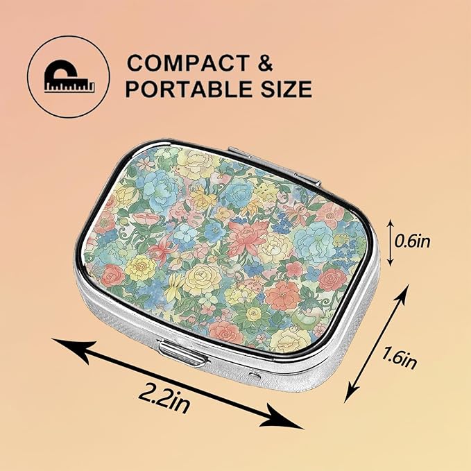 Square Pill Case Small Pill Box with Mirror Pocket 2 Compartment Vitamin Pill Medicine Case Organizer Pill Containers for Traveling Blooming Flower One