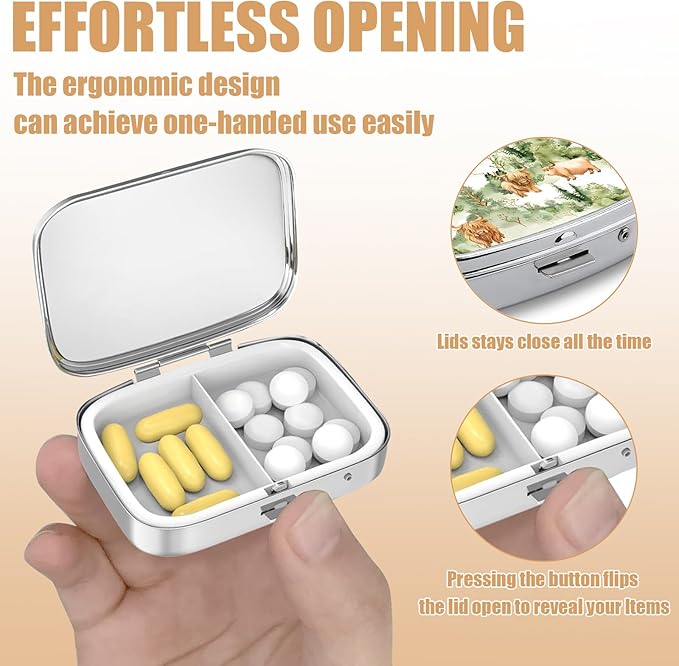 Pill Box-2 Compartment Small Pill Case Square Organizer Case with Mirror Portable Metal Medicine Box Travel Container for Pocket & Purse Women Men(Highland Cow Forest)