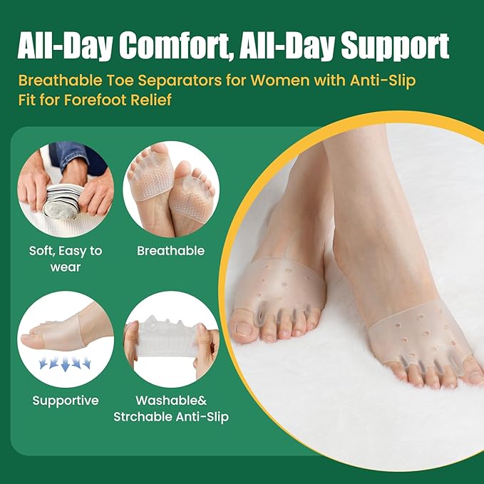 4Pcs Toe Separators & Metatarsal Pads for Women & Men - Ball of Foot Cushion, Gel Toe Spacers for Pain Relief, Metatarsalgia, Morton’s Neuroma, Long Hours of Standing or Walking