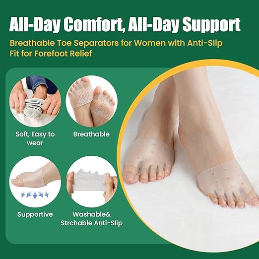 Metatarsal Pads & Toe Separators for Women & Men - Gel Ball of Foot Cushion, 4Pcs Toe Spacers for Pain Relief, Metatarsalgia, Morton’s Neuroma, Long Hours of Standing or Walking