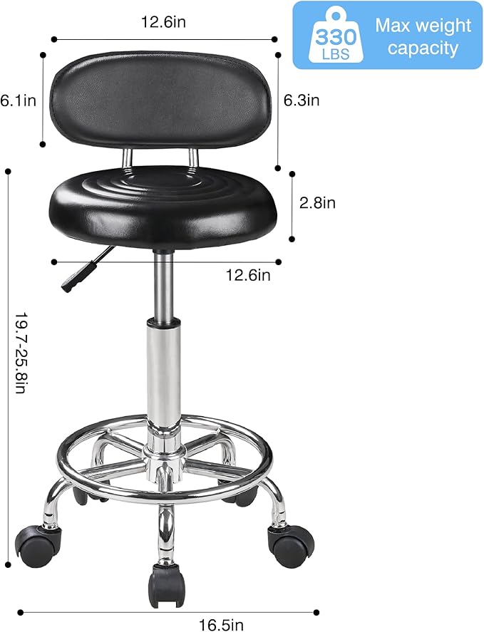 VECELO Salon Rolling Stool, Spa Chair with Backrest, Hydraulic Height Adjustable from 19.7" to 25.8" with 300 lb Capacity, for Salon, Spa, Lab (Black)