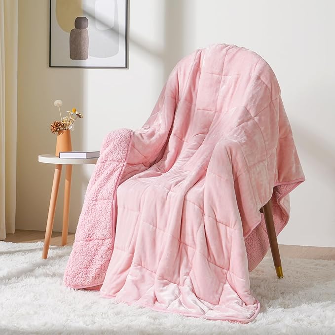 Cottonblue Weighted Blanket Twin 15 Pounds for Adults, Plush Blankets for Sofa Bed, Heavy Blanket with Glass Beads, Thick Fuzzy Blanket with Soft Plush Flannel for Winter Xmas, 48x72inch, Blush Pink