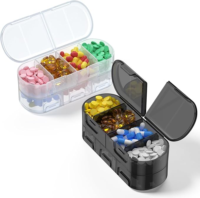 Weekly Pill Organizer, 2/3/4 Times a Day, Double-Sided Opening Design, Portable Pill Box for Storing Medication/Vitamins/Fish Oils/Supplements (Variable Grids White Black 2PC)