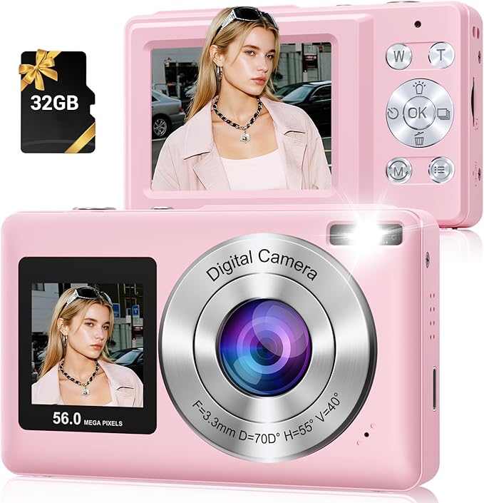 Digital Camera, 56MP 2.7K Dual-Screen Selfie Camera with 16X Zoom, 20 Filters & Anti-Shake, Portable Point and Shoot Digital Cameras with 32GB Card, Compact Travel Cameras for Beginners Teens Kids