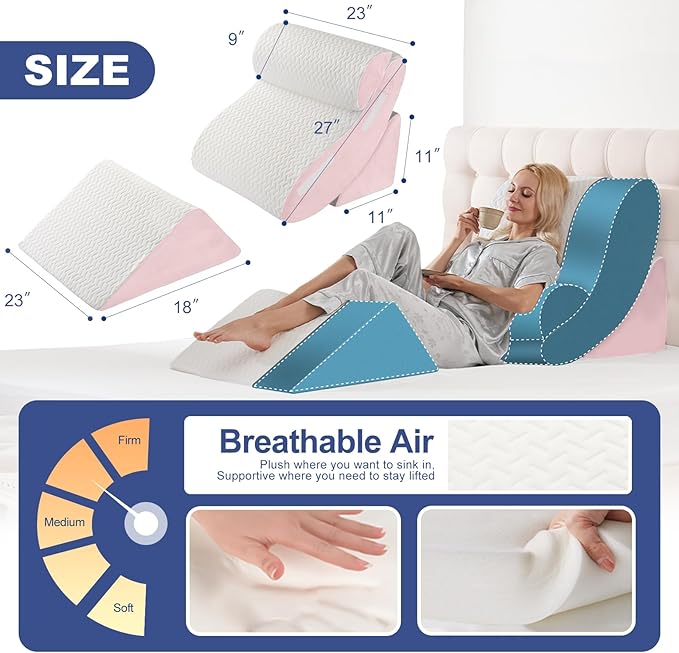 4PC Geriatric Wedge Pillow System - Elderly Bed Wedges for Sitting/Sleeping, Post Surgery Body Positioner with Non-Slip Base (Ideal for Seniors & Pregnancy), White Pink