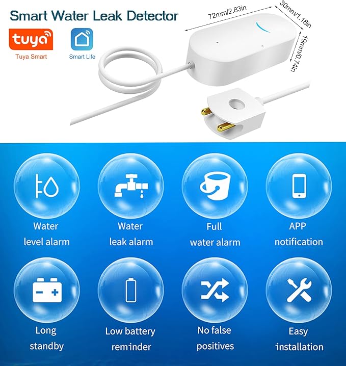 WiFi Water Sensor Leak Detector: Smart Water Leak Detector, TUYA Smart Water Leak Sensor, Wireless Water Level Sensor with App Alerts and Remote Monitor, Water Detectors & Alarms for Home,Basement