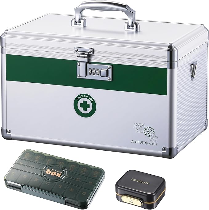 Medicine box with lock 12 x7.6x 7.8 inches [Medium], Medication Lock box ，First Aid Key Safe Box with Lock, Medical Box Organizer