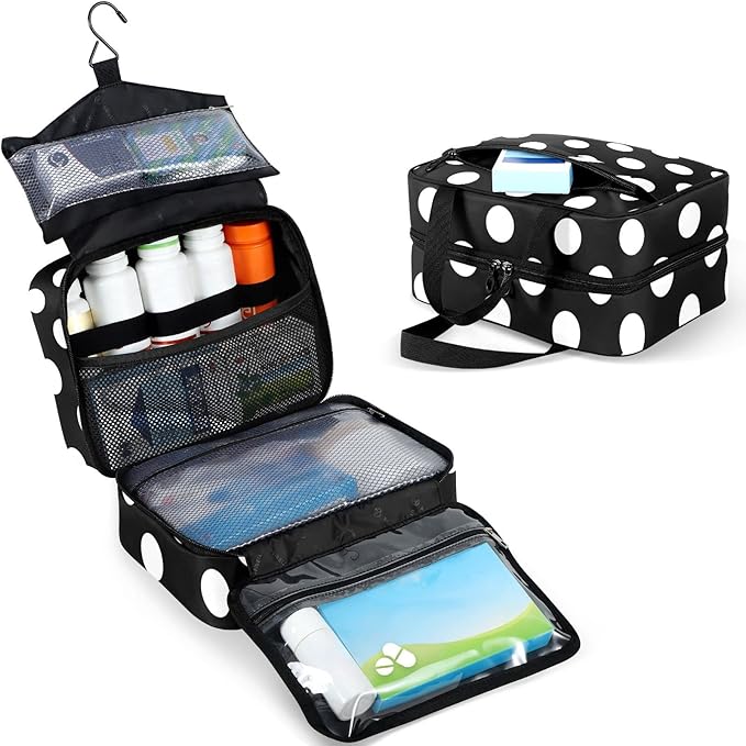 Naanle Pill Organizer Bag Travel Pill Bottle Medicine Organizer Home Storage Medication Bag for Vitamin Supplements, Black and White Polka Dots Empty First Aid Bag for Car Camping, 1.0 Count