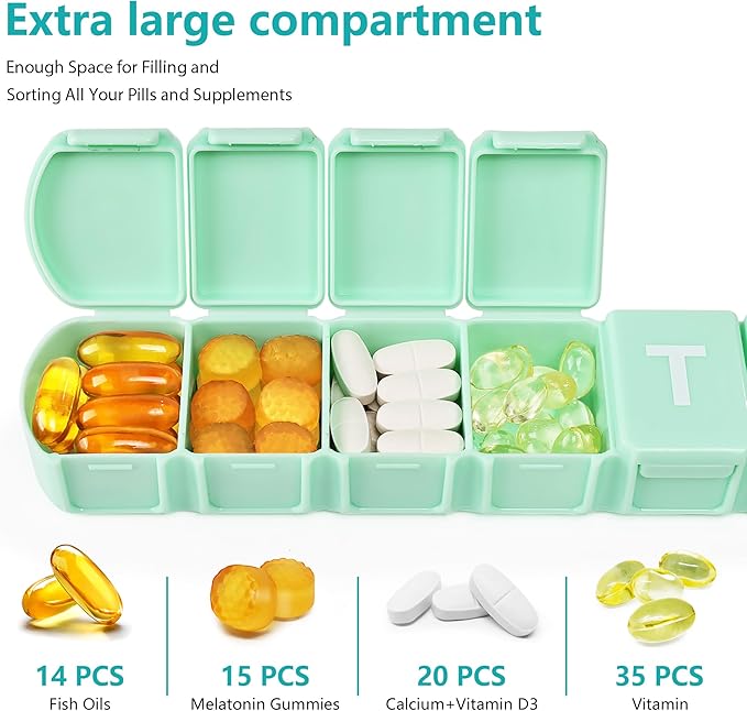 Extra Large Weekly Pill Box Organizer 7 Day, MOLN HYMY 1 Week Jumbo Pill Dispenser Case One Time a Day, Daily Med Container to Hold Vitamin and Supplement (Green)