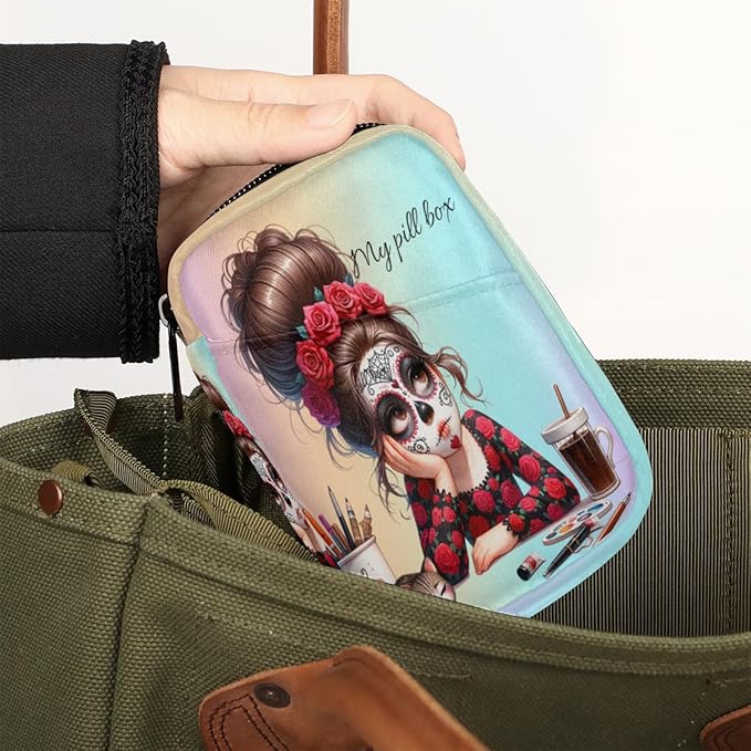 Red Rose Girl Skull Travel Pill Organizer Box Weekly Portable Pill Case Daily Pills 7 Day Small Birth Control Pills Container Removable Compartments for Medicine Vitamins Fish Oil