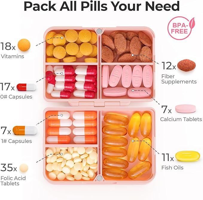 AUVON Daily Pill Organizer Fit with Your Purse or Pocket, Compact Travel Pill Box Case with Slim Folding Design and Long-Lasting Hinges to Hold Vitamin, Fish Oil, Supplement or Jewelry(Pink)