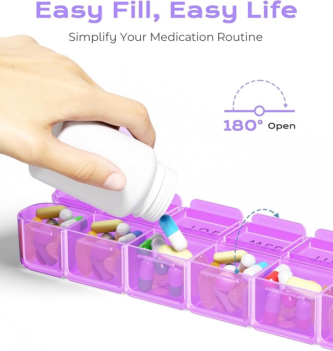 Daviky Weekly Pill Organizer, Large 7 Day Pill Box, Travel Pill Case, Daily Pill Dispenser for Vitamins, Medicines, Supplements, and Fish Oil(Purple)