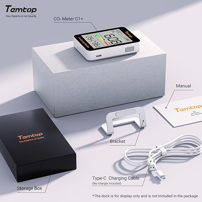 Temtop CO2 Monitor Indoor Air Quality Monitor with BLE App Connectivity, Portable CO2 Meter, CO2, Temperature, Humidity for Home, Office, or School